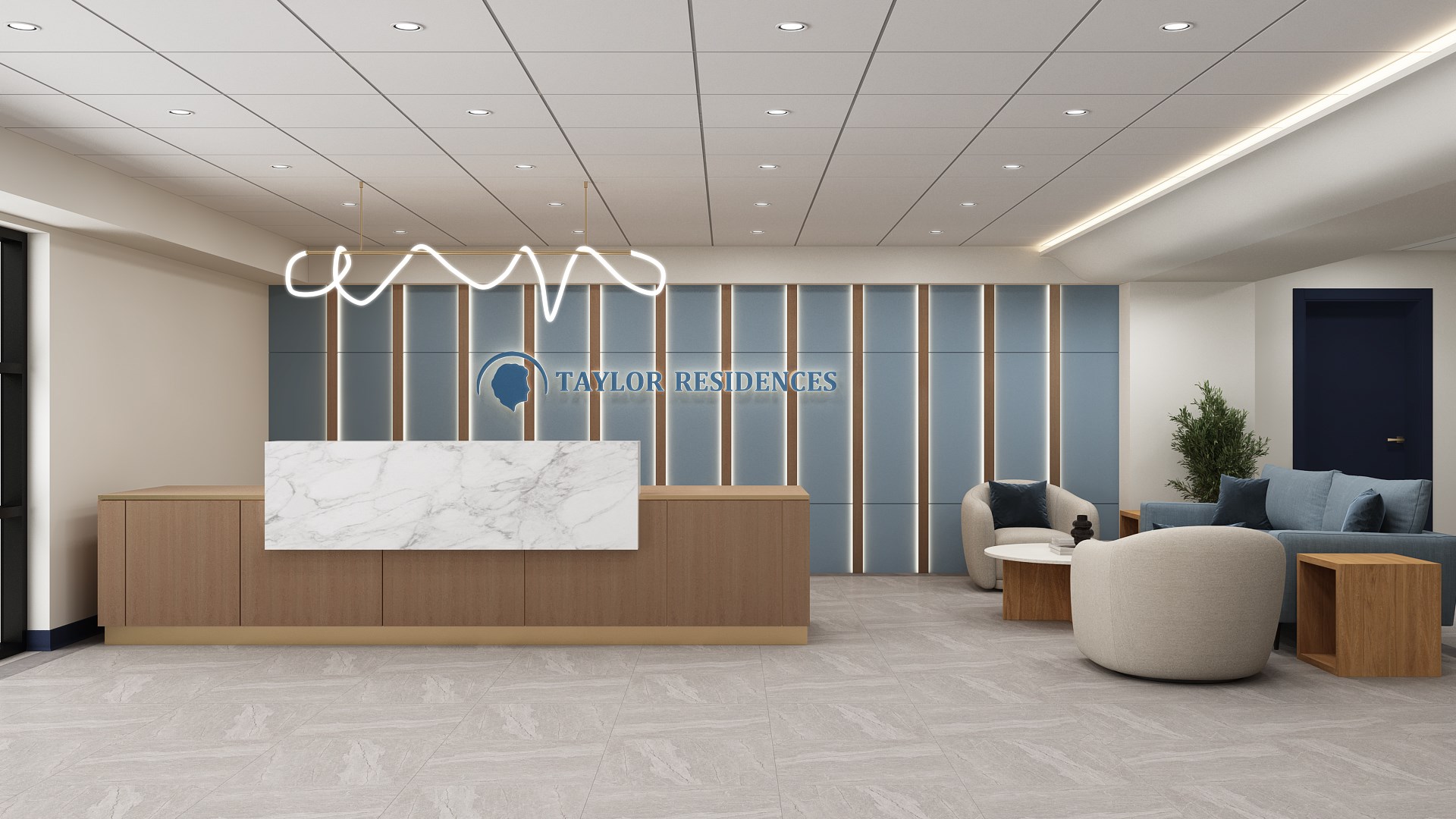 The light-filled lobby at Taylor Manor